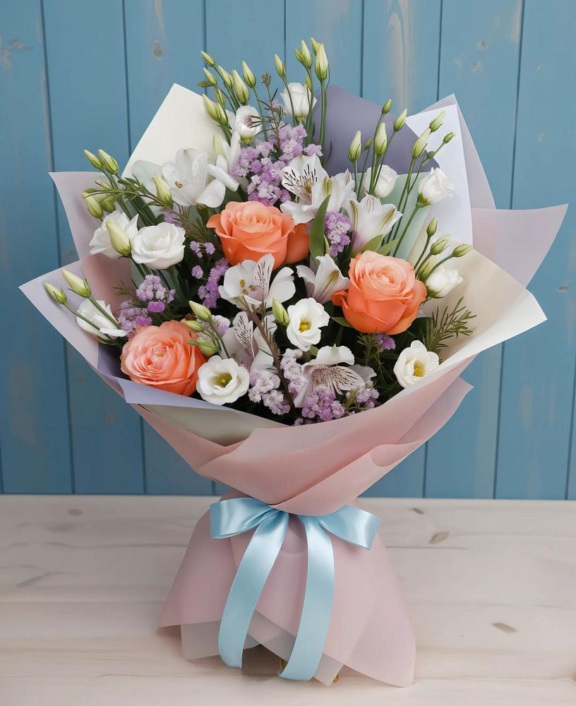 Букет цветов из: Лизиантусы, Розы, Альстромерии и Гипсофила в Борисовке